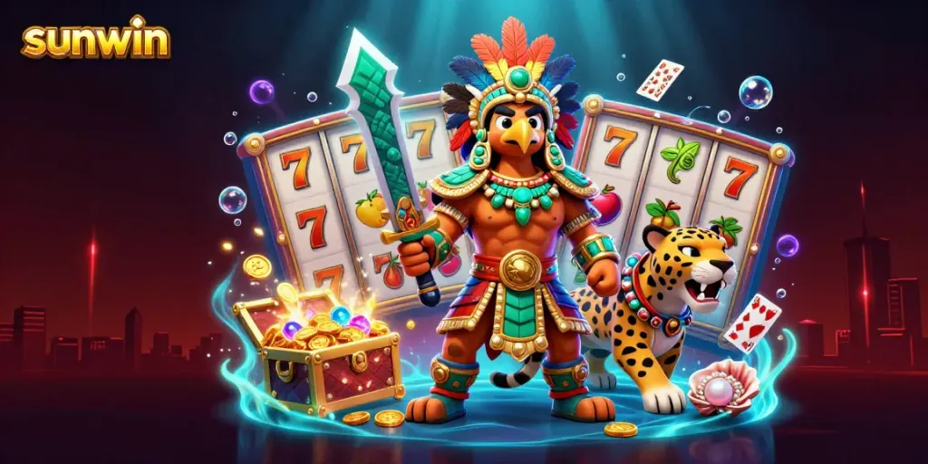Engage in the vibrant world of Sunwin casino, featuring dynamic slot reels and colorful jackpot elements.