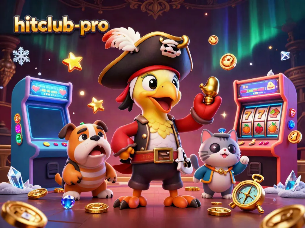 Engage with hitclub-pro's thrilling pirate-themed slots adventure, featuring vibrant characters and casino elements.