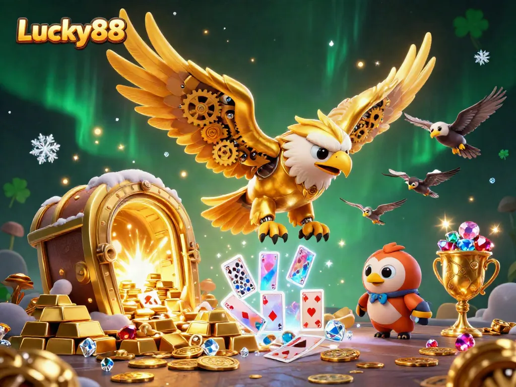 Experience excitement at Lucky88 with a cybernetic eagle amidst a treasure-filled casino