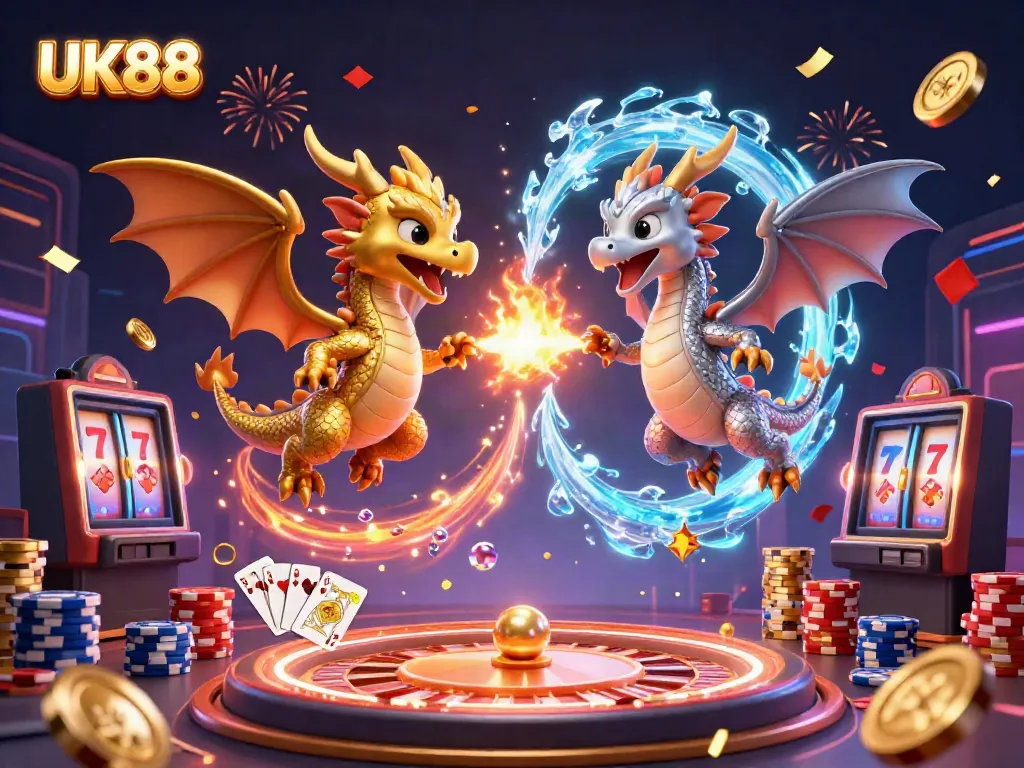 Experience UK88's dynamic gaming universe with intertwined dragons amidst cascading casino elements.