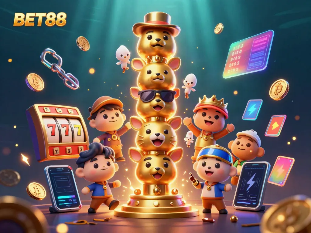 Experience the excitement of BET88 with a dynamic 3D totem illustration featuring casino elements.