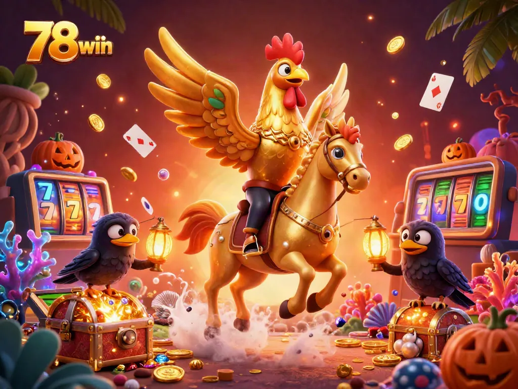 Engage in thrilling gameplay at 78win with a golden rooster character in a vibrant casino scene.