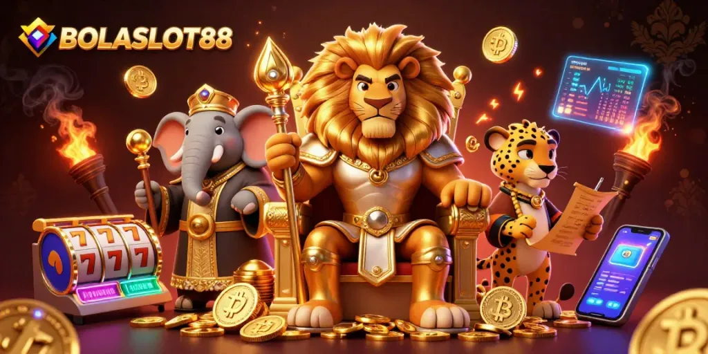 BOLASLOT88 showcases a regal lion on a throne of coins, surrounded by vibrant slot elements and cryptocurrencies.