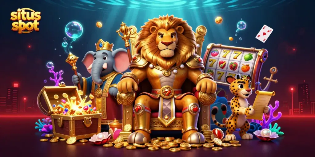 Menyebabkan kemenangan di situs slot, raja singa dan penasihatnya dikelilingi oleh elemen kasino 3D yang kaya.