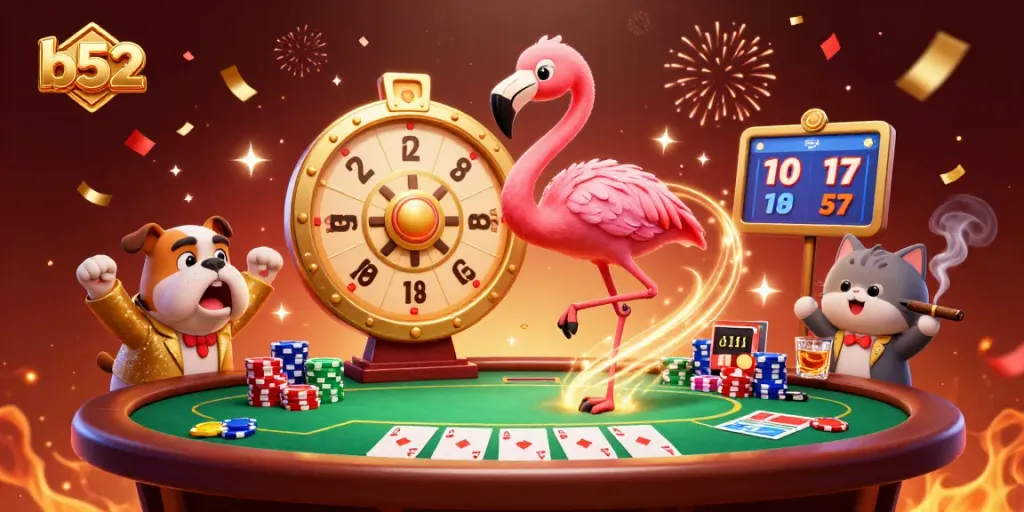 Experience thrilling moments at b52 casino with a lively game show illustration featuring poker elements.
