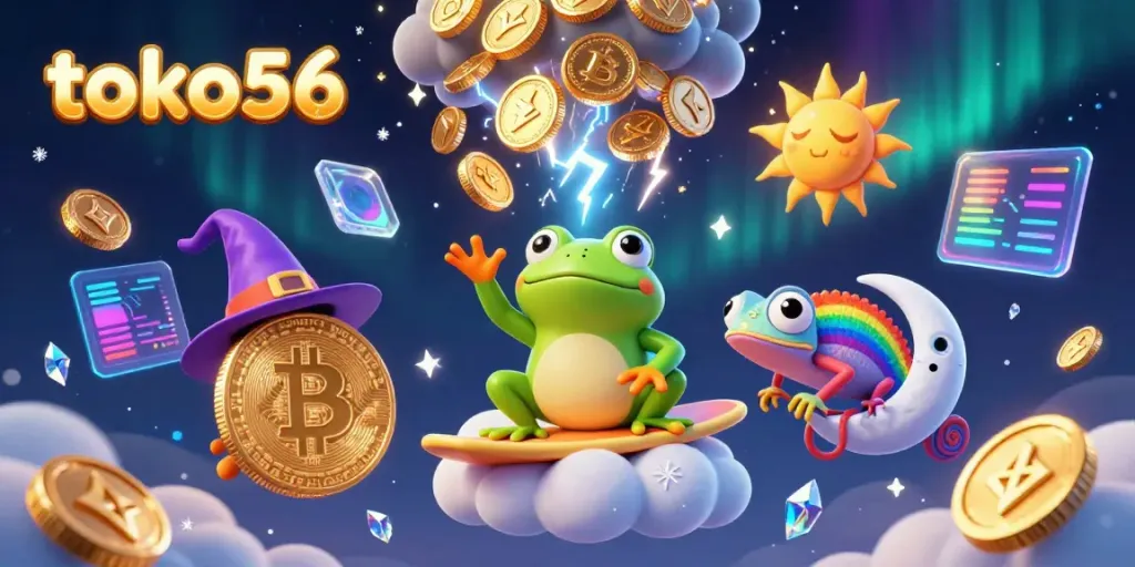 Celebrate your wins on toko56 with a whimsical scene of a weather wizard frog, a rainbow chameleon, and vibrant gambling elements.