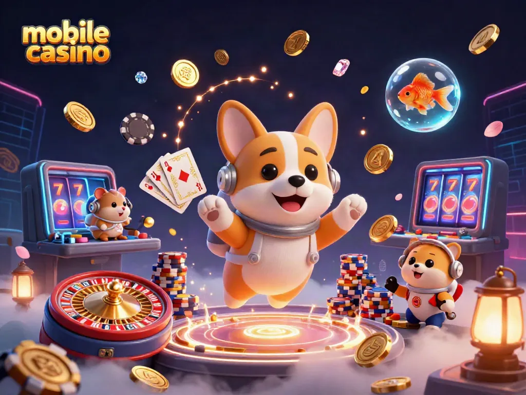 Experience the excitement of a mobile casino with a floating corgi and thrilling game elements.