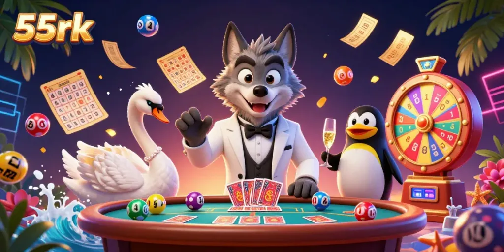 Experience the exciting world of gaming as 55rk features a debonair wolf at a baccarat table with dynamic casino elements.