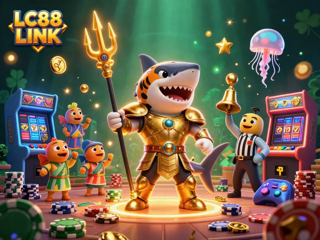 Engage with LC88 LINK in a vibrant underwater casino scene featuring a triumphant tiger shark.