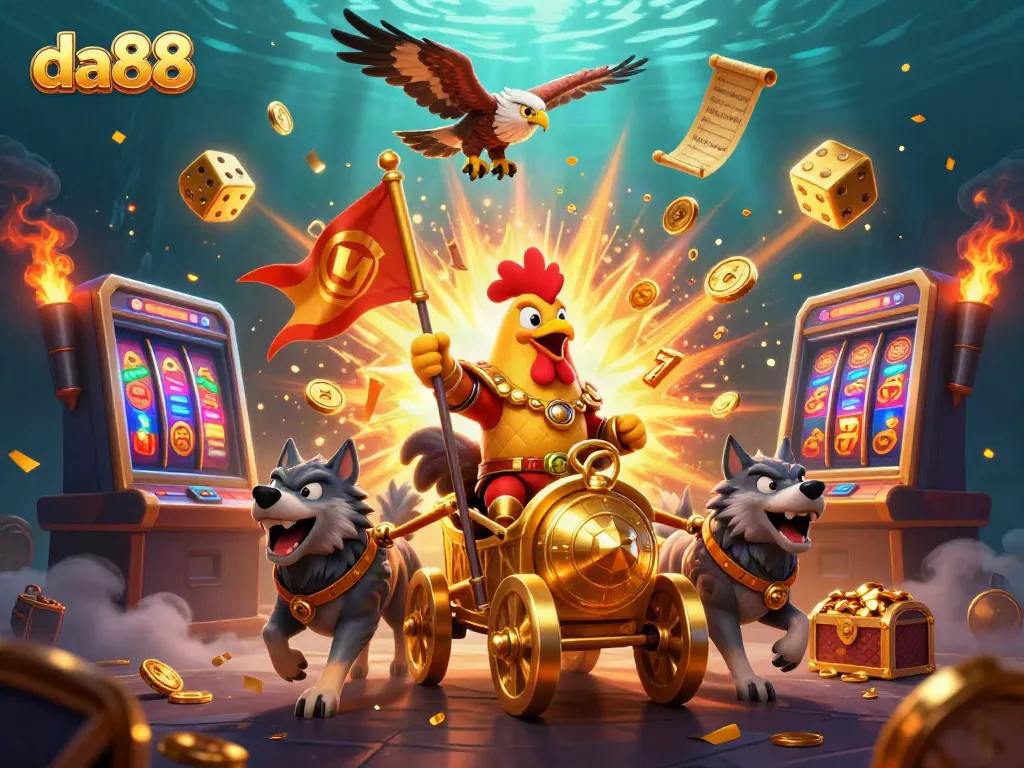 Experience thrilling gameplay at da88 with vibrant slot machines, golden elements, and dynamic characters.