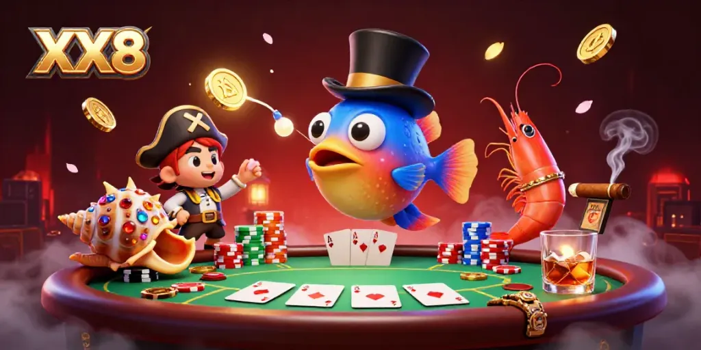 Experience the thrill of XX8 with a lively 3D anglerfish and pirate shrimp at a vibrant poker table.