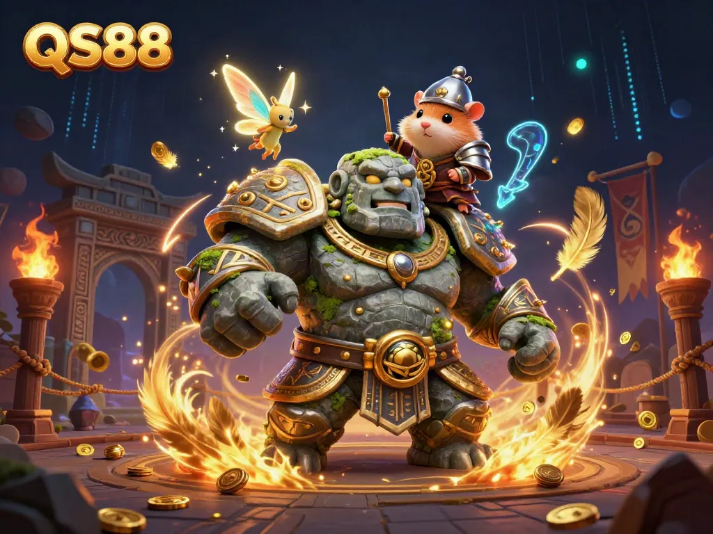 Experience the thrilling world of QS88 featuring a spectral golem guardian and enchanting creatures in a vibrant casino setting.