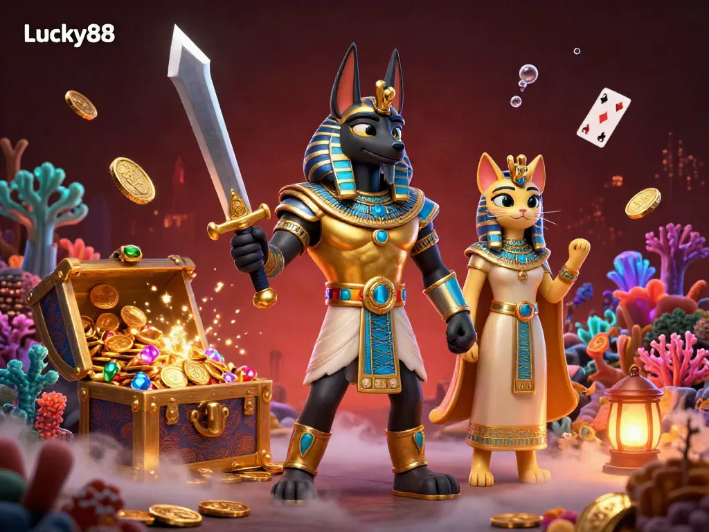Win big with Lucky88, featuring Anubis and Bastet in a vibrant 3D casino adventure.