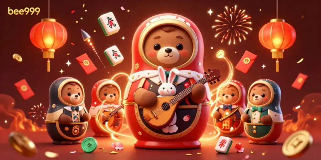 Experience exhilarating gaming fun with bee999 in this vibrant casino-themed illustration featuring festive elements.