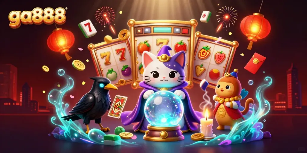 Experience thrilling gameplay with ga888's vibrant 3D casino scene featuring game elements and mystical characters.