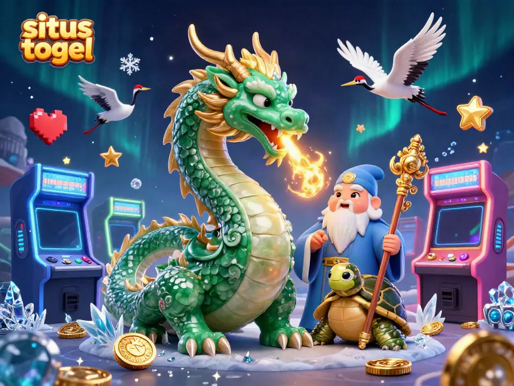 Situs togel gameplay featuring a dragon, turtle sage, and flying cranes in an engaging casino scene