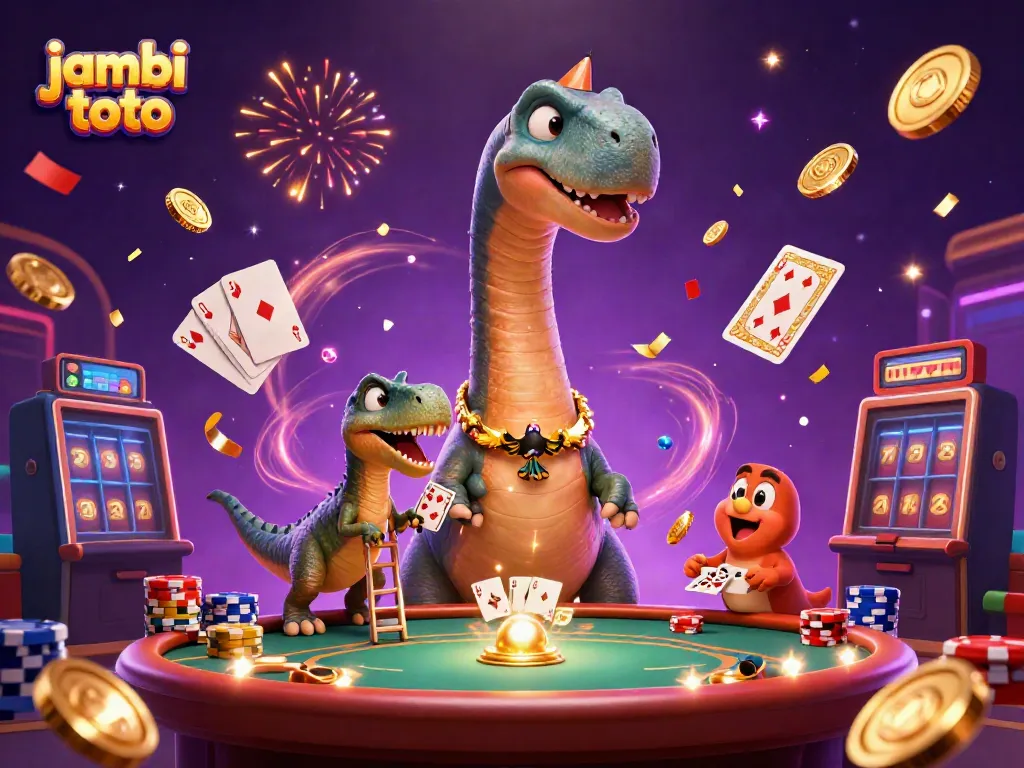 Engage with jambi toto's vibrant casino scene showcasing a playful dinosaur and raptor dealer.