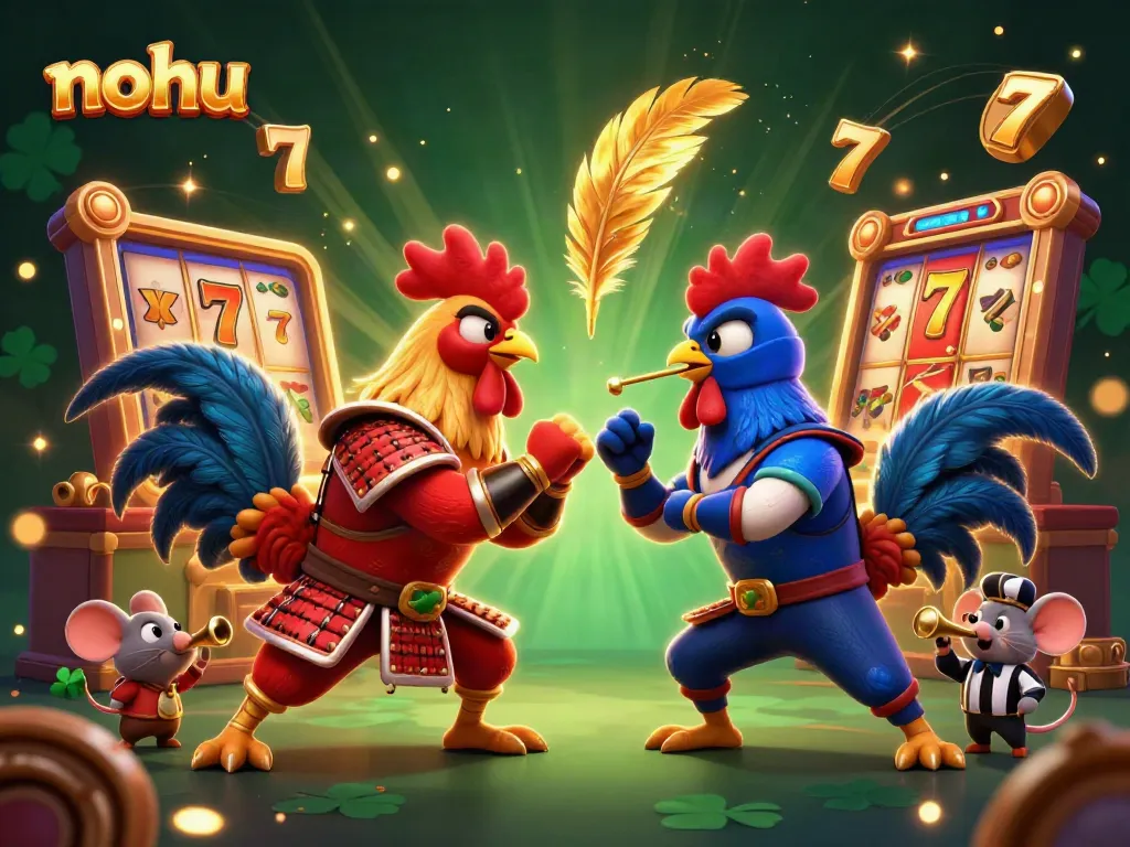 Experience the exciting nohu showdown between animated roosters in samurai and ninja gear amid dynamic slot game elements.
