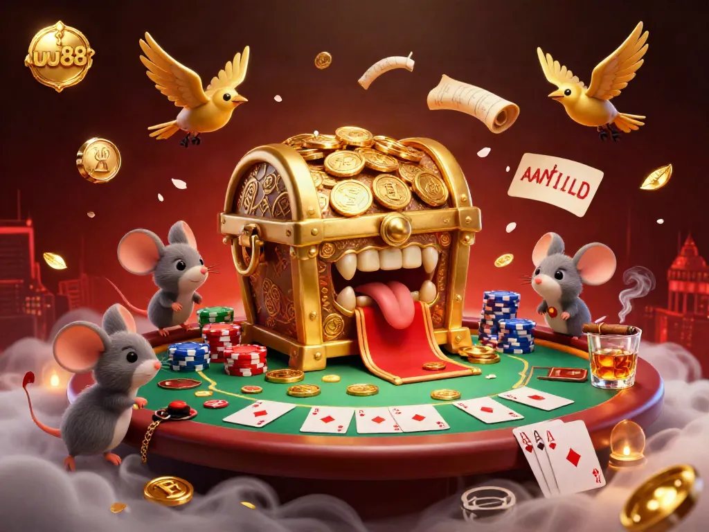 Join the excitement at uu88 with a golden treasure chest and adventurer mice in a rich casino scene.