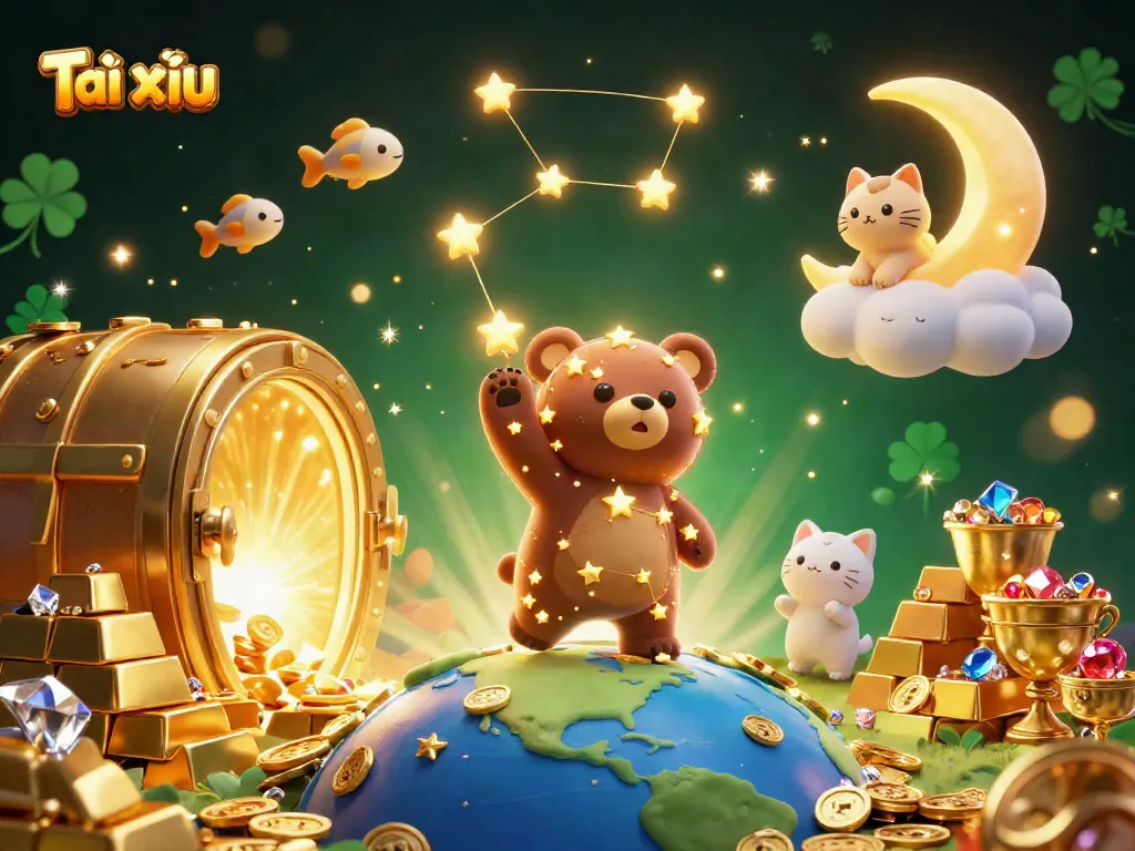 Discover winning strategies in Tài xỉu online gameplay, with vibrant illustrations of playful characters and golden treasures.