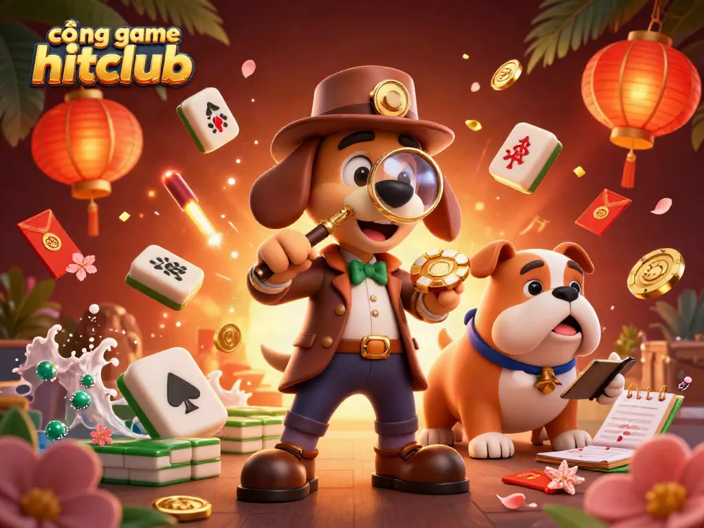 Engage with cổng game hitclub through a colorful 3D illustration featuring detectives and fortune symbols.