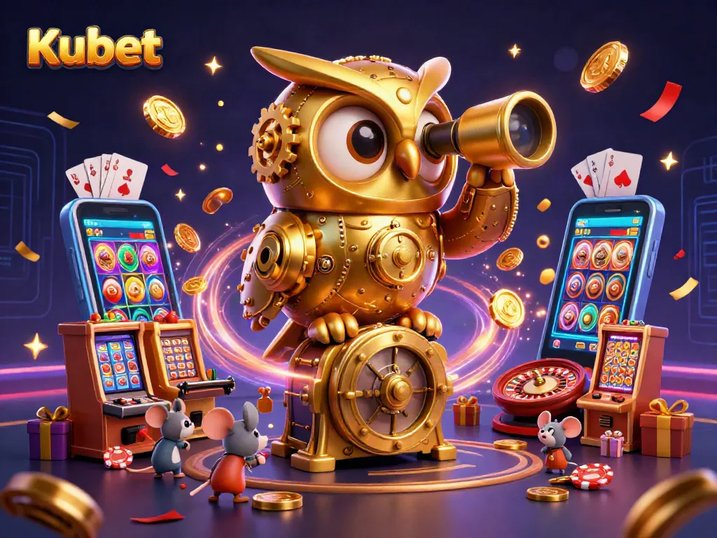 Kubet engages players with thrilling slot games, featuring a lively clockwork owl and vibrant casino elements.