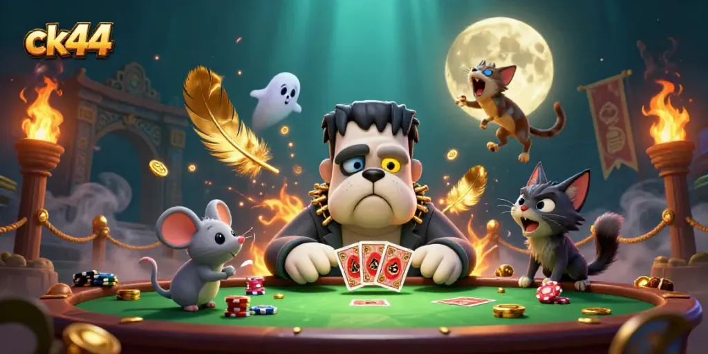 CK44 enhances gameplay with a thrilling 3D illustration of a Frankenstein bulldog dealing cards at a haunted casino table.