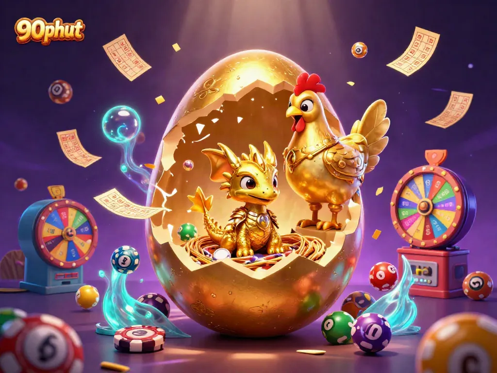 Join in the excitement of 90phut as colorful lottery balls burst with winnings in a captivating casino illustration.