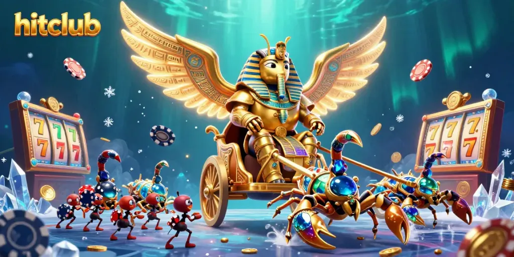 Experience the excitement of hitclub with a vibrant casino-themed scene featuring a colossal scarab and captivating elements.