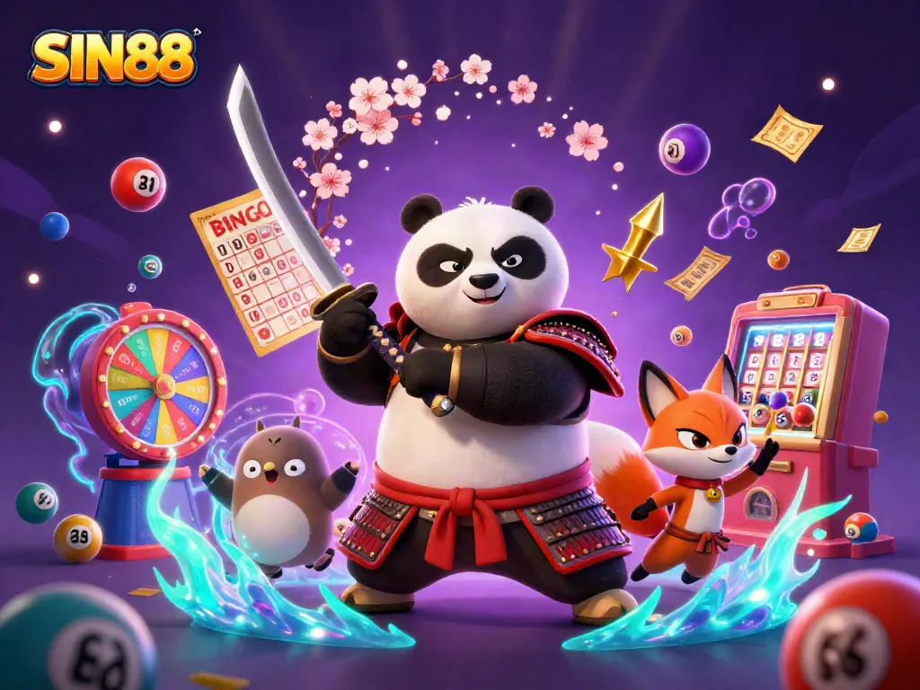 SIN88 showcases a fierce samurai panda and ninja fox in a vibrant casino scene filled with dynamic games.