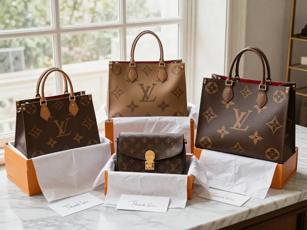Premium replica bags displayed on marble surface for online shopping experience.