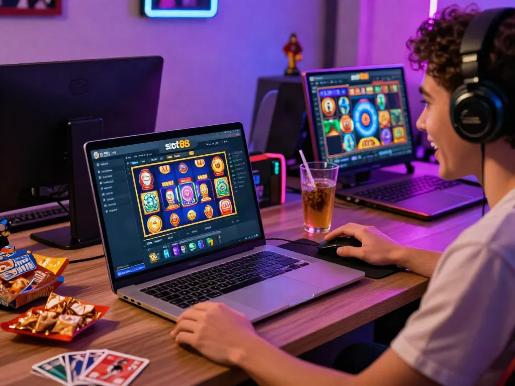 Engaging scene of a player enjoying slot88 games on a laptop with vibrant graphics and snacks.