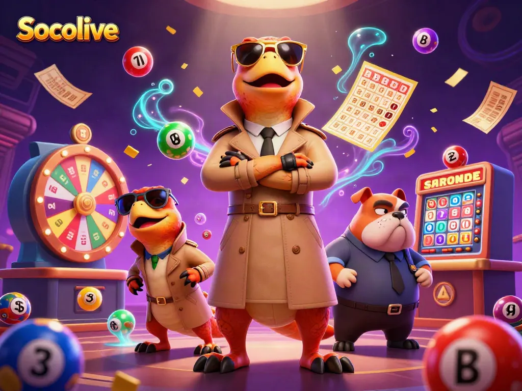 Socolive showcases cartoon raptors attempting entry into a casino, filled with dynamic lottery and gambling elements.