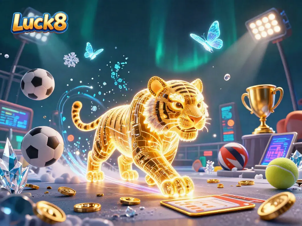 Immerse in the vibrant scene of Luck8, where a golden tiger prowls through a digital casino, symbolizing excitement and winning.