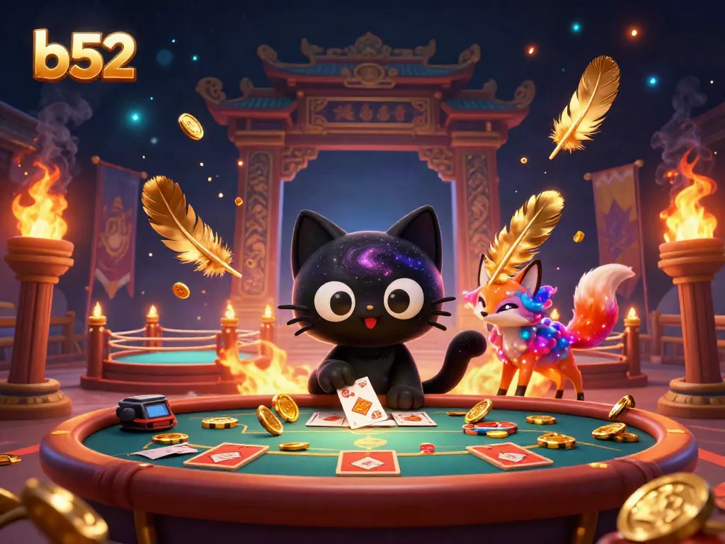 B52 gaming scene featuring a black hole cat and colorful nebula fox attracting golden chips and cards in a cosmic casino layout.