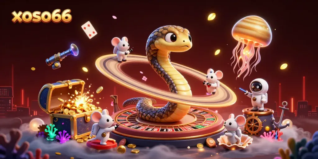 Experience thrilling bets on xoso66 with vibrant cosmic characters in this engaging illustration.