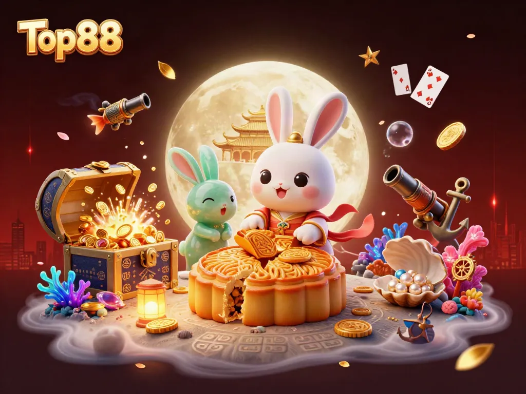 Unleash luck with Top88's moon rabbit gambling scene, revealing golden poker chips.