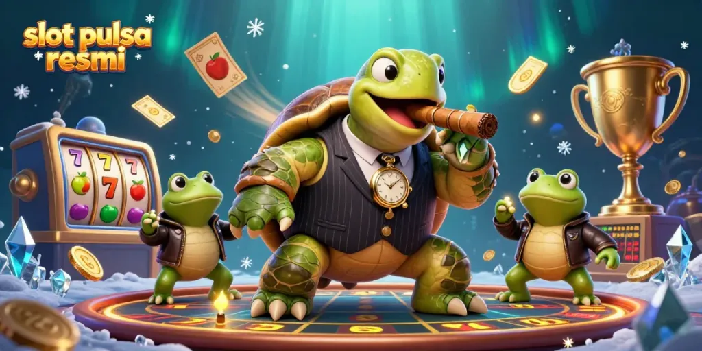 Experience the thrilling slot pulsa resmi action with our vibrant 3D illustration featuring a snapping turtle mobster!