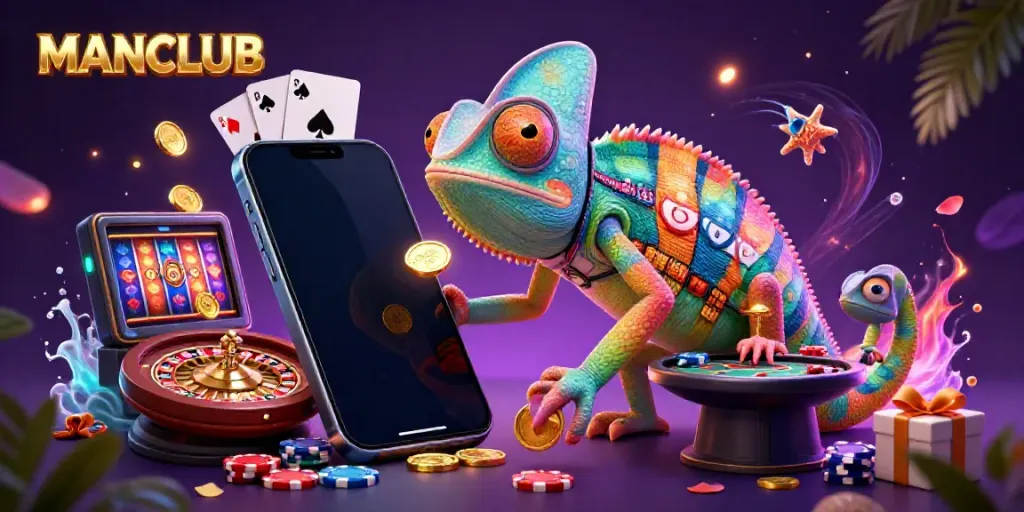Experience the thrill of MANCLUB as a colorful chameleon casino owner collects golden coins in a vibrant 3D casino landscape.