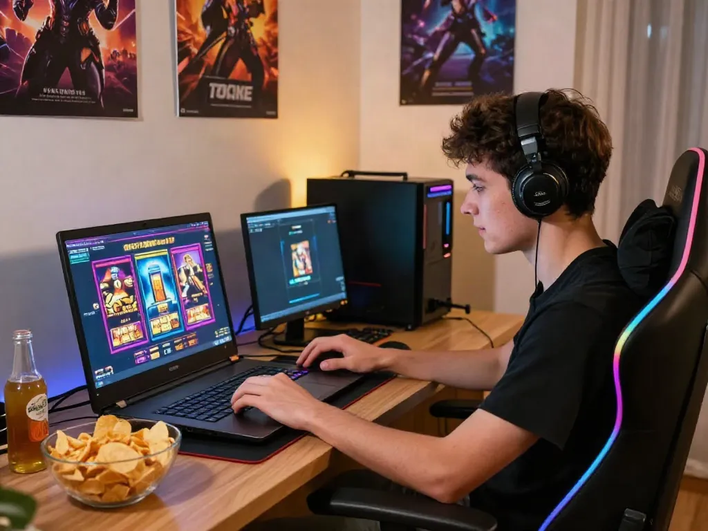 Engaging slot gacor gaming scene with colorful graphics on laptop and snacks.