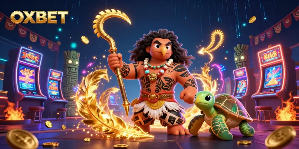 Experience the thrilling world of OXBET with a vibrant 3D illustration showcasing exciting casino gameplay.