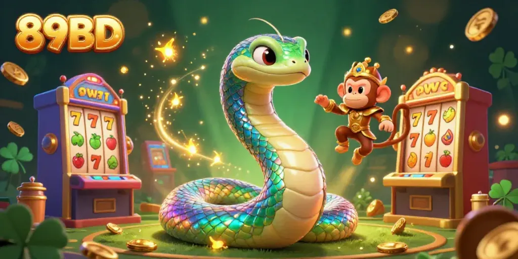 Experience the thrill of casino gaming with 89BD’s enchanted scene featuring vibrant characters and slot machines.