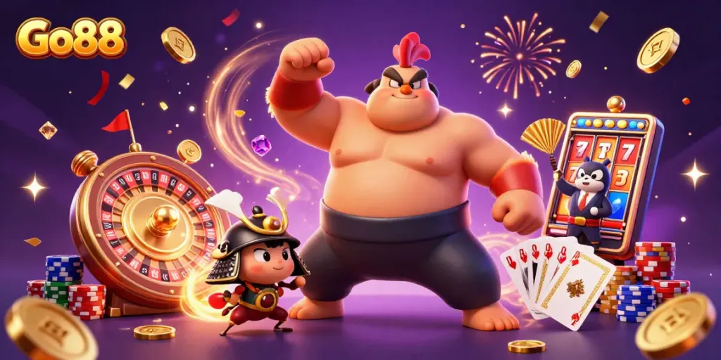 Experience Go88's dynamic gaming world with a vibrant 3D casino illustration featuring unique characters and rich elements.