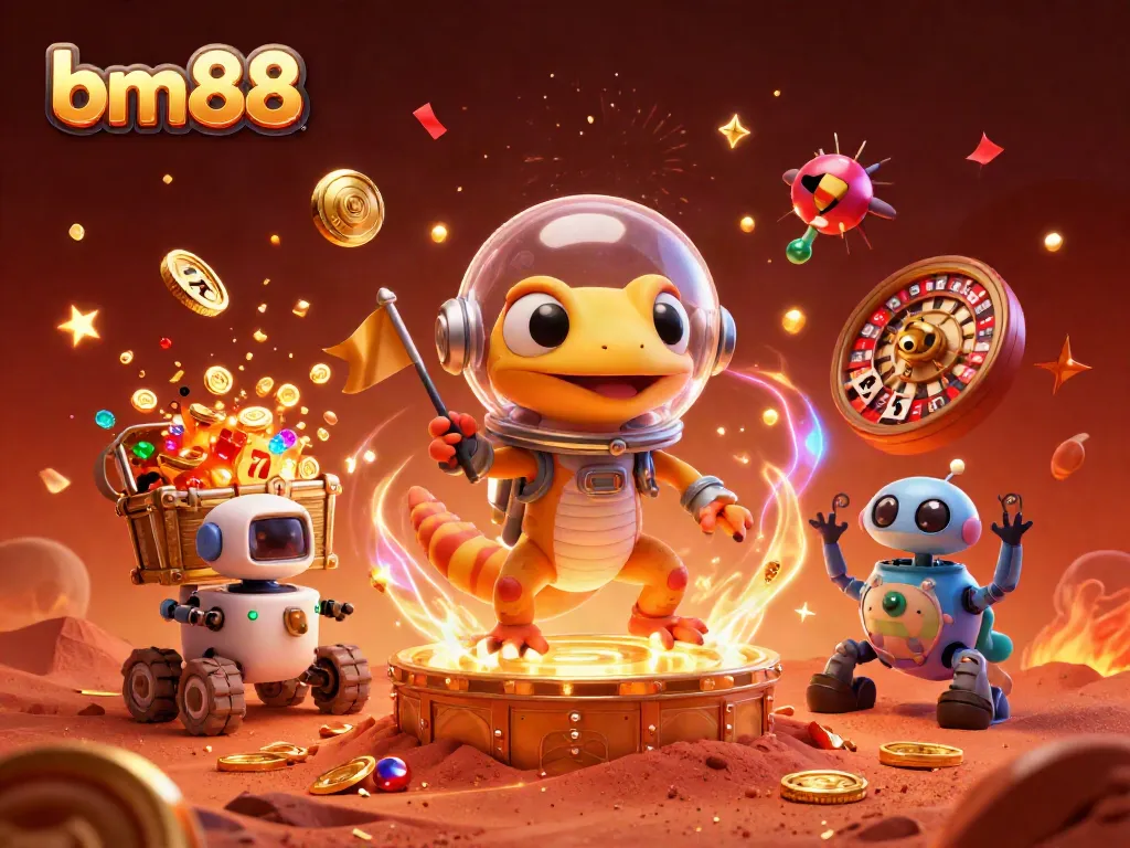 Experience the thrill of bm88 as Martian characters and casino elements collide under a radiant Martian sky.
