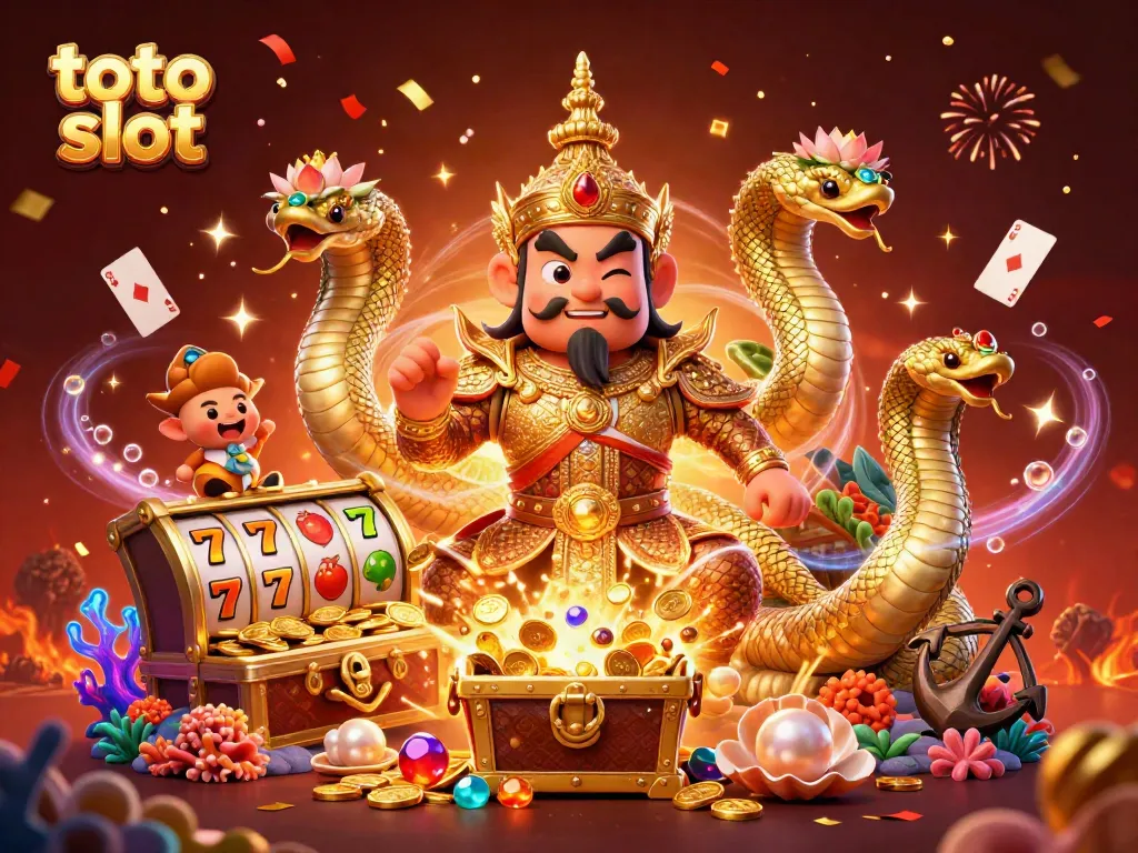 Tindakan menang di toto slot dengan penjaga kuil Thailand dan elemen slot yang menyemarakkan suasana.