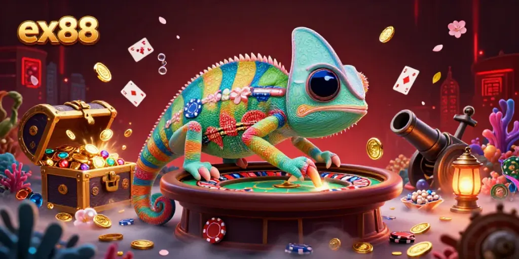 Experience excitement at ex88 with a chameleon casino owner surrounded by treasures and dynamic gambling elements.