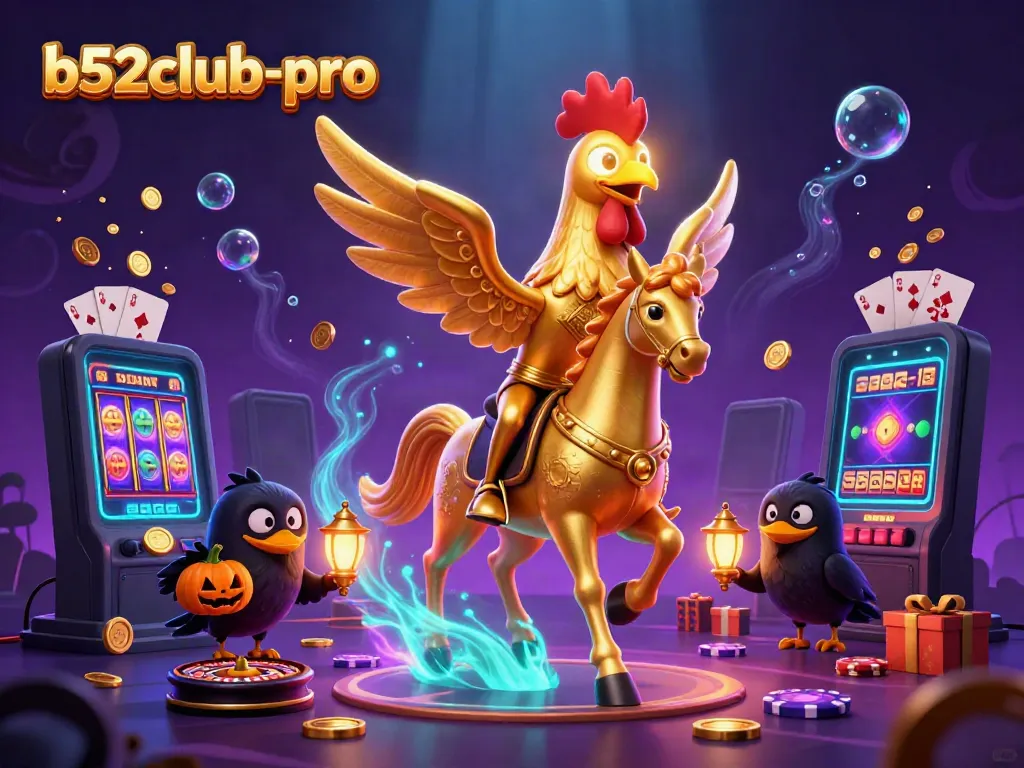 Win big with b52club-pro's vibrant casino scene showcasing golden rooster and slot games.
