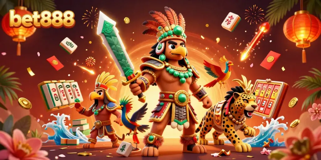 Bet888 features an exciting 3D casino scene with vibrant characters and gaming elements.