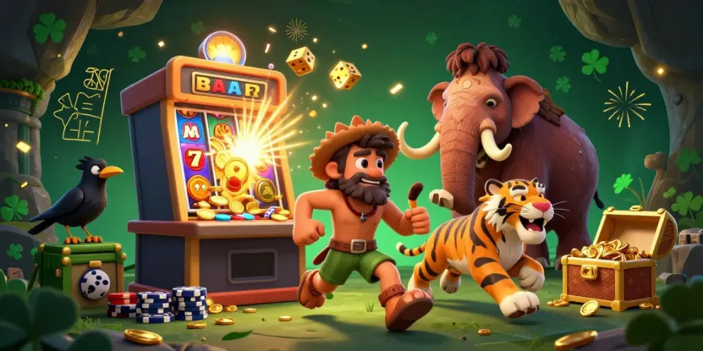 Experience thrill with TK88 at a vibrant casino scene featuring prehistoric characters and jackpot elements.
