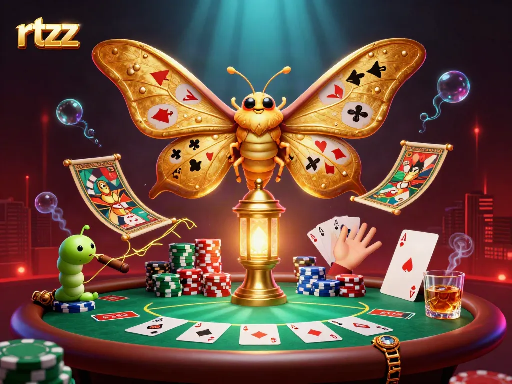 Experience the beauty of rtzz in this vibrant 3D casino scene featuring a majestic atlas moth and poker elements.